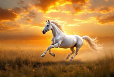 Primary subject: A white horse running in a field.

Setting/background: The horse is running in a field with a sunset in the background.

Visual style: The image is a digital art illustration.

Colors and mood: The dominant colors are orange and yellow, creating a warm and vibrant atmosphere.