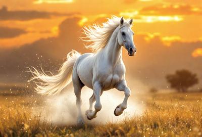 Primary subject: A white horse running in a field.

Setting/background: The horse is running in a field with grass, and the sun is setting in the background.

Visual style: The image is a photo of the horse in motion.

Colors and mood: The dominant colors are shades of brown and yellow, with the sunset adding warmth to the scene. The overall atmosphere is energetic and dynamic.