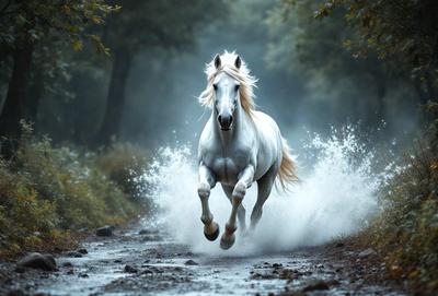 Primary subject: A white horse running through a forest.

Setting/background: The horse is running through a forest, with trees and water visible in the background.

Visual style: The image is a photo of the horse in motion.

Colors and mood: The photo is in black and white, giving it a classic and timeless feel. The horse's white color contrasts with the darker tones of the forest, creating a sense of motion and energy.