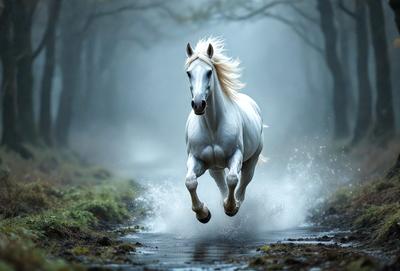 Primary subject: A white horse running through a forest.

Setting/background: The horse is running through a forest, with trees and water visible in the background.

Visual style: The image is a photo of the horse in motion.

Colors and mood: The image has a black and white color scheme, giving it a classic and timeless feel. The horse's white color contrasts with the darker tones of the forest, creating a sense of motion and energy.