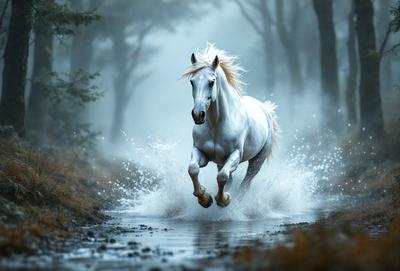 Primary subject: A white horse running through a forest.

Setting/background: The horse is running through a forest, surrounded by trees and water.

Visual style: The image is a black and white photo.

Colors and mood: The dominant colors are black, white, and shades of gray. The overall atmosphere is dramatic and captivating.