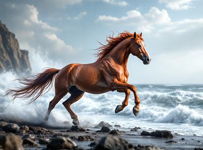 Primary subject: A brown horse running on the beach.

Setting/background: The horse is running on a rocky beach near the ocean.

Visual style: The image is a photo of the horse running on the beach.

Colors and mood: The dominant colors are brown and blue, with the ocean providing a calming atmosphere.