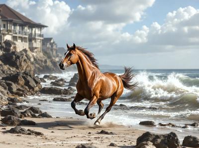 Primary subject: A brown horse running on the beach.

Setting/background: The beach, with the ocean in the background.

Visual style: The image is a photo of the horse running on the beach.

Colors and mood: The image has a warm and vibrant color palette, with the brown horse and the blue ocean creating a lively and dynamic scene.