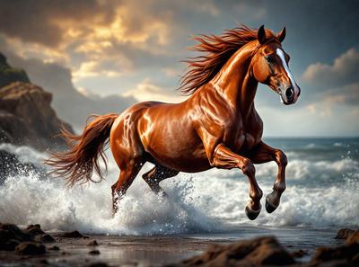 Primary subject: A brown horse running on the beach.

Setting/background: The beach, with waves and a rocky outcrop visible in the background.

Visual style: The image is a digital artwork, featuring a horse with a flowing mane and tail.

Colors and mood: The image is in black and white, giving it a classic and timeless feel. The horse's mane and tail are red, adding a pop of color to the scene.