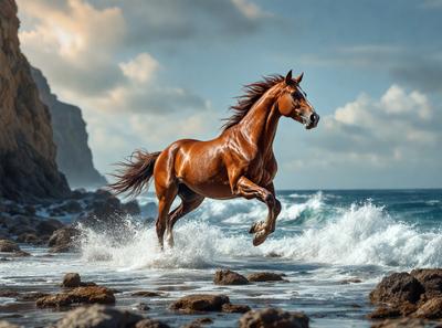 Primary subject: A brown horse running through the ocean waves.

Setting/background: The ocean, with waves and rocks visible in the background.

Visual style: The image is a photo of the horse running through the ocean waves.

Colors and mood: The image has a vibrant and dynamic color palette, with the brown horse standing out against the blue ocean and white waves. The overall atmosphere is energetic and captivating.