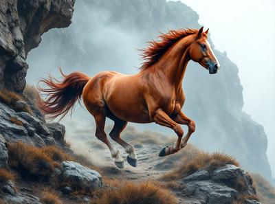 Primary subject: A brown horse running on a rocky hillside.

Setting/background: The horse is running on a rocky hillside with a mountain in the background.

Visual style: The image is a photo of the horse in motion.

Colors and mood: The dominant colors are brown and orange, with a slightly moody atmosphere due to the rocky terrain and the horse's motion.