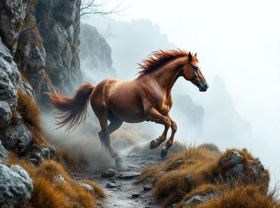 Primary subject: A brown horse running on a trail.

Setting/background: The horse is running on a trail surrounded by a grassy hillside.

Visual style: The image is a photo of the horse in motion.

Colors and mood: The dominant colors are brown and green, with a slightly foggy atmosphere.