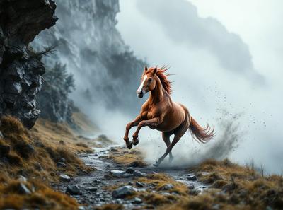 Primary subject: A brown horse running on a dirt road.

Setting/background: The horse is running on a dirt road, with a mountain in the background.

Visual style: The image is a black and white photo.

Colors and mood: The dominant colors are black, white, and brown. The overall atmosphere is dynamic and energetic, as the horse is captured in motion.