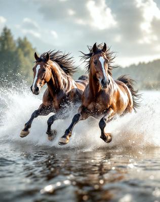 The primary subject of the image is two brown horses running through a body of water, such as a river or lake. They are surrounded by a natural environment, with trees visible in the background. The visual style of the image is a photo, capturing the horses in motion and the water splashing around them. The colors and mood of the image are vibrant and energetic, as the horses and water create a dynamic and lively scene.