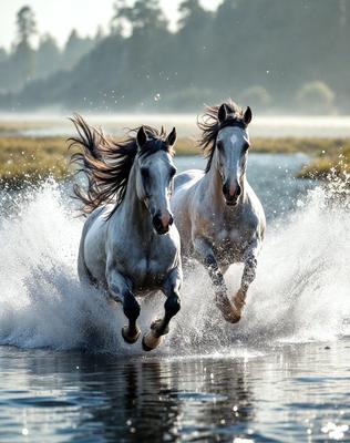 Primary subject: Two horses running through water.

Setting/background: The horses are running through a body of water, possibly a river or a lake.

Visual style: The image is a photo of the two horses in motion.

Colors and mood: The image has a vibrant and dynamic atmosphere, with the horses' movement and the water's flow creating a sense of energy and motion.