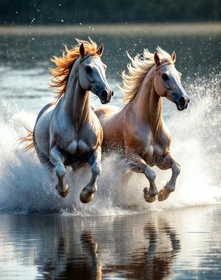 Primary subject: Two horses running through water.

Setting/background: The horses are running through a body of water, possibly a lake or a river.

Visual style: The image is a photo of the two horses in action.

Colors and mood: The image is in black and white, which adds a sense of drama and intensity to the scene.