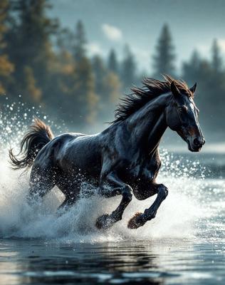 Primary subject: A horse running through water.

Setting/background: The horse is running through a body of water, possibly a river or a lake.

Visual style: The image is a black and white photo.

Colors and mood: The image has a monochromatic color scheme, giving it a classic and timeless feel. The horse's movement and the water's flow create a sense of energy and motion.