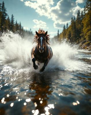 Primary subject: A brown horse with a white face, running through a body of water.

Setting/background: The horse is running through a river, surrounded by trees.

Visual style: The image is a photo of the horse in motion.

Colors and mood: The image has a vibrant and dynamic atmosphere, with the horse's brown and white colors contrasting against the water and the greenery of the surrounding environment.