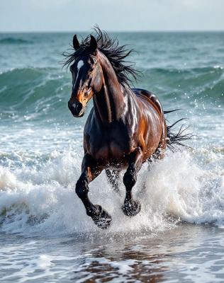 Primary subject: A brown horse running through the ocean waves.

Setting/background: The ocean, with waves and water surrounding the horse.

Visual style: The image is a photo of the horse running through the ocean waves.

Colors and mood: The image has a vibrant and dynamic color palette, with the brown horse standing out against the blue ocean and white waves. The overall atmosphere is energetic and captivating.