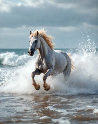 Primary subject: A white horse running through the ocean waves.

Setting/background: The ocean, with waves crashing around the horse.

Visual style: The image is a photo of the horse running through the ocean waves.

Colors and mood: The image is in black and white, giving it a classic and timeless feel. The horse's white color contrasts with the darker ocean waves, creating a sense of motion and energy.