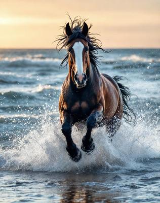 Primary subject: A brown horse with a white face running through the ocean.

Setting/background: The ocean, with waves and water surrounding the horse.

Visual style: The image is a photo of the horse running through the ocean.

Colors and mood: The dominant colors are blue and white, with the ocean water and the horse's white face. The overall atmosphere is energetic and dynamic, as the horse is running through the water.