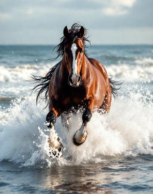 Primary subject: A brown horse running through the ocean waves.

Setting/background: The ocean, with waves and water surrounding the horse.

Visual style: The image is a photo of the horse running through the ocean waves.

Colors and mood: The dominant colors are brown and blue, with the ocean waves adding a sense of motion and energy to the scene. The overall atmosphere is dynamic and exciting.