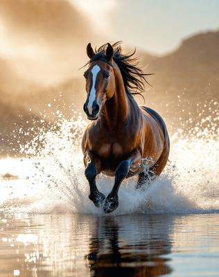 Primary subject: A brown horse running through water.

Setting/background: The horse is running through a body of water, possibly a river or a lake.

Visual style: The image is a photo of the horse in motion.

Colors and mood: The image has a warm and dynamic atmosphere, with the brown horse and the water creating a sense of motion and energy.