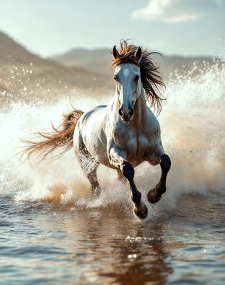 Primary subject: A white horse running through water.

Setting/background: The horse is running through a body of water, possibly a river or a lake.

Visual style: The image is a photo of the horse in motion.

Colors and mood: The image has a vibrant and dynamic atmosphere, with the white horse standing out against the water.