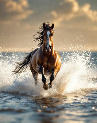 Primary subject: A brown horse running through the water.

Setting/background: The horse is running through the ocean, with waves splashing around it.

Visual style: The image is a photo of the horse in motion.

Colors and mood: The image has a vibrant and energetic atmosphere, with the horse's brown color contrasting against the blue ocean and the white waves.