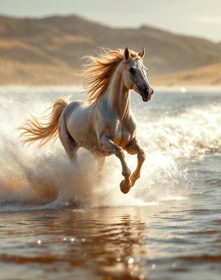 Primary subject: A white horse running through the water.

Setting/background: The horse is running through a body of water, possibly a river or a lake.

Visual style: The image is a photo of the horse in motion.

Colors and mood: The image has a vibrant and dynamic atmosphere, with the white horse standing out against the water.
