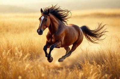 Primary subject: A brown horse running through a field of tall, dry grass.

Setting/background: The horse is running in a field with tall, dry grass, and the sky is visible in the background.

Visual style: The image is a photo of the horse running in the field.

Colors and mood: The dominant colors are brown and yellow, with a warm and natural atmosphere.