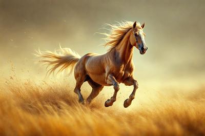 Primary subject: A horse running in a field.

Setting/background: The horse is running through a field of tall, dry grass.

Visual style: The image is a photo of the horse in motion.

Colors and mood: The colors in the image are predominantly yellow and orange, creating a warm and lively atmosphere.