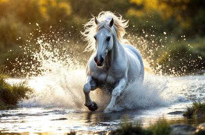 The primary subject of the image is a white horse running through a body of water, such as a river or stream. The horse is the main focus of the scene, and it appears to be enjoying the water as it gallops through it. The setting is outdoors, with the water providing a natural backdrop for the horse. The visual style of the image is a photo, capturing the horse in motion and the water splashing around it. The colors in the image are predominantly shades of white and gray