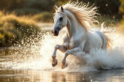 Primary subject: A white horse running through water.

Setting/background: The horse is running through a body of water, possibly a river or a lake.

Visual style: The image is a photo of the horse in motion.

Colors and mood: The image has a warm and vibrant color palette, with the white horse standing out against the water. The overall atmosphere is energetic and dynamic.
