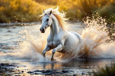Primary subject: A white horse with blonde hair running through water.

Setting/background: The horse is running through a body of water, possibly a river or a lake.

Visual style: The image is a photo of the horse in motion.

Colors and mood: The image has a vibrant and lively atmosphere, with the white horse and the water creating a sense of motion and energy.