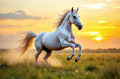 Primary subject: A white horse running in a field.

Setting/background: The horse is running in a grassy field with a sunset in the background.

Visual style: The image is a photo of the horse in motion.

Colors and mood: The dominant colors are orange and yellow from the sunset, creating a warm and serene atmosphere.