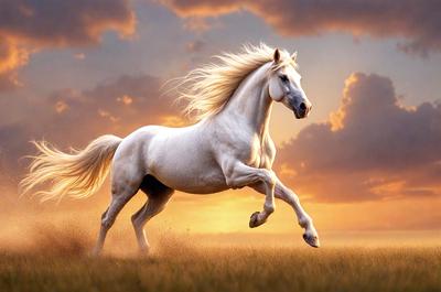 Primary subject: A white horse running in a field.

Setting/background: The horse is running in a field with a cloudy sky in the background.

Visual style: The image is a digital art illustration of a white horse running in a field.

Colors and mood: The image has a warm and vibrant color palette, with the white horse standing out against the cloudy sky.