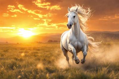 Primary subject: A white horse running in a field.

Setting/background: The horse is running in a field with grass, and the sun is setting in the background.

Visual style: The image is a photo of the horse running in the field.

Colors and mood: The dominant colors are orange and yellow from the sunset, and the overall atmosphere is energetic and dynamic.
