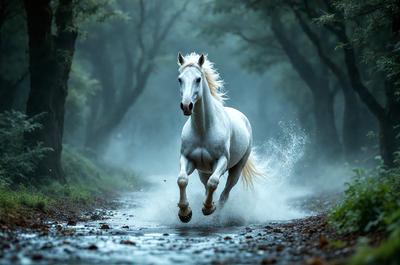 Primary subject: A white horse running through a forest.

Setting/background: The horse is running through a forest, surrounded by trees and possibly a dirt road.

Visual style: The image is a photo of the horse in motion.

Colors and mood: The photo is in black and white, giving it a classic and timeless feel. The horse's white color stands out against the darker background, creating a sense of motion and energy.