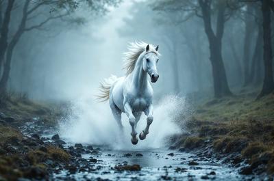 Primary subject: A white horse running through a forest.

Setting/background: The horse is running through a forest, surrounded by trees.

Visual style: The image is a photo of the horse in motion.

Colors and mood: The photo is in black and white, giving it a classic and timeless feel. The horse's white color contrasts with the darker tones of the forest, creating a sense of motion and energy.