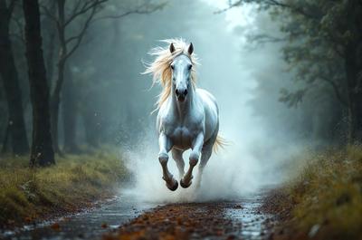 Primary subject: A white horse running on a road.

Setting/background: The horse is running on a road surrounded by trees.

Visual style: The image is a photo of the horse in motion.

Colors and mood: The photo is in black and white, giving it a classic and timeless feel.