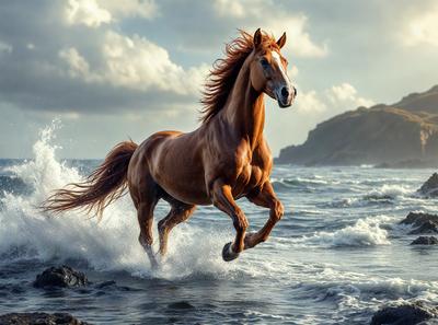 Primary subject: A brown horse running through the ocean waves.

Setting/background: The ocean with waves and a mountain in the background.

Visual style: The image is a photo of the horse running through the ocean waves.

Colors and mood: The image has a vibrant and dynamic color palette, with the brown horse standing out against the blue ocean and the white waves. The overall atmosphere is energetic and captivating.
