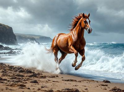 Primary subject: A brown horse running on the beach.

Setting/background: The beach with waves crashing on the shore.

Visual style: The image is a photo of the horse running on the beach.

Colors and mood: The dominant colors are brown and white, with the ocean waves adding a blue and white hue. The overall atmosphere is energetic and dynamic, as the horse is in motion.