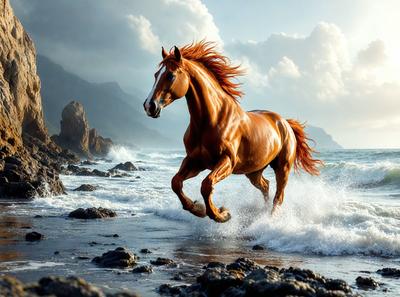 Primary subject: A brown horse running on the beach.

Setting/background: The beach with waves crashing on the shore.

Visual style: The image is a digital artwork.

Colors and mood: The dominant colors are brown and orange, creating a warm and energetic atmosphere.