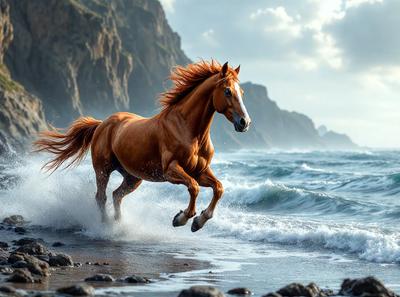 Primary subject: A brown horse with a long mane running on the beach.

Setting/background: The horse is running on a beach near the ocean, with a mountain in the background.

Visual style: The image is a photo of the horse running on the beach.

Colors and mood: The horse has a warm, earthy color, and the overall atmosphere is energetic and dynamic.