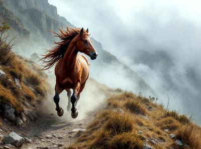 Primary subject: A brown horse running on a dirt road.

Setting/background: The horse is running on a dirt road, with a mountain in the background.

Visual style: The image is a photo of the horse running.

Colors and mood: The image has a warm and natural color palette, with the brown horse and the dirt road creating a sense of movement and energy.
