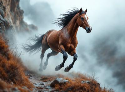 Primary subject: A brown horse running on a trail.

Setting/background: The horse is running on a trail surrounded by a mountainous landscape.

Visual style: The image is a photo of the horse in motion.

Colors and mood: The dominant colors are brown and orange, with a slightly misty atmosphere.