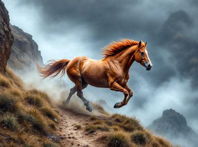 Primary subject: A horse running on a hill.

Setting/background: The horse is running on a grassy hill, with a mountain in the background.

Visual style: The image is a photo of the horse in motion.

Colors and mood: The image has a vibrant and dynamic mood, with the horse's orange mane and tail contrasting against the green grass and mountain backdrop.