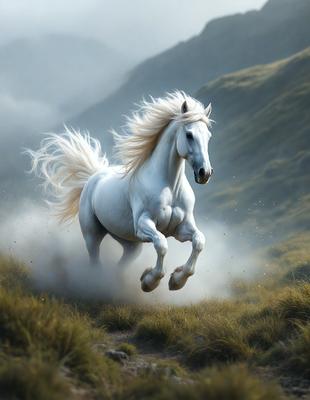 Primary subject: A white horse with blonde mane and tail, running through a grassy field.

Setting/background: The horse is running through a grassy field with mountains in the background.

Visual style: The image is a digital art illustration of a white horse.

Colors and mood: The image has a vibrant and lively atmosphere, with the white horse and the green grass creating a sense of freedom and energy.