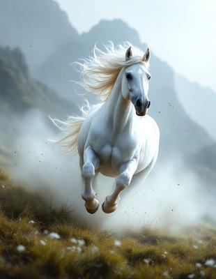 Primary subject: A white horse with blonde hair running through a field.

Setting/background: The horse is running through a grassy field with mountains in the background.

Visual style: The image is a photo of the horse in motion.

Colors and mood: The image has a vibrant and lively atmosphere, with the white horse and the green grass creating a sense of freedom and energy.