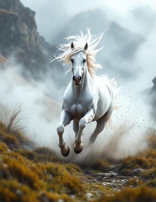 Primary subject: A white horse with blonde hair running through a field.

Setting/background: The horse is running through a grassy field with mountains in the background.

Visual style: The image is a photo of the horse in motion.

Colors and mood: The image has a vibrant and lively atmosphere, with the white horse and the green grass creating a sense of freedom and energy.