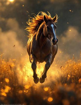 Primary subject: A brown horse with a mane of orange hair.

Setting/background: A field of yellow flowers.

Visual style: A photo of the horse in motion.

Colors and mood: The image is warm and vibrant, with the horse's mane and the yellow flowers creating a lively atmosphere.