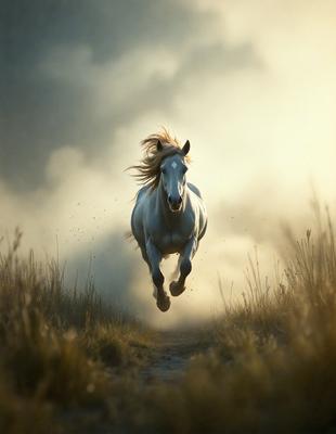 Primary subject: A white horse with a flowing mane, running through a field.

Setting/background: The horse is running through a grassy field, with a cloudy sky in the background.

Visual style: The image is a photo of the horse in motion.

Colors and mood: The dominant colors are white and green, with a slightly cloudy atmosphere. The image conveys a sense of freedom and energy.