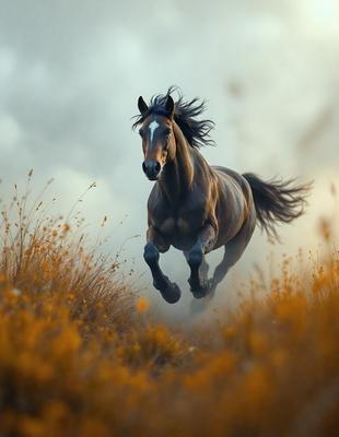 Primary subject: A brown horse running through a field of yellow flowers.

Setting/background: The horse is running through a field of yellow flowers, with a cloudy sky in the background.

Visual style: The image is a photo of the horse in motion.

Colors and mood: The dominant colors are yellow from the flowers and brown from the horse. The overall atmosphere is energetic and lively, as the horse is galloping through the field.