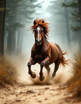 Primary subject: A brown horse with a mane of red hair running through a forest.

Setting/background: The horse is running through a forest, with trees surrounding it.

Visual style: The image is a digital art or illustration of the horse running through the forest.

Colors and mood: The dominant colors are brown and red, with a lively and energetic mood.